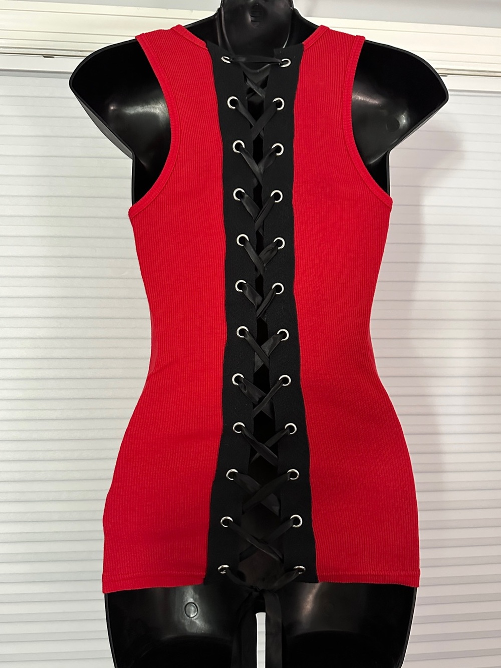 Folter Red Lace-Up Back Corset Ribbed Tank Top 100% Cotton Sz L (runs small) - Picture 2 of 8